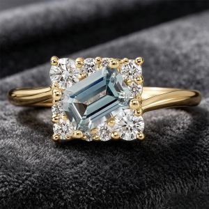 Halo Emerald & Round Cut Aquamarine & White Sapphire Engagement Ring