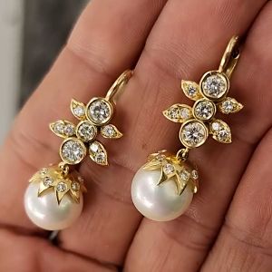 Golden Round Cut Pearl & White Sapphire Drop Earrings