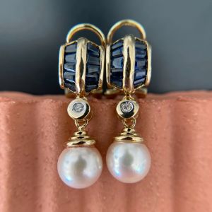 Golden Round & Baguette Cut Pearl & Blue Sapphire Drop Earrings