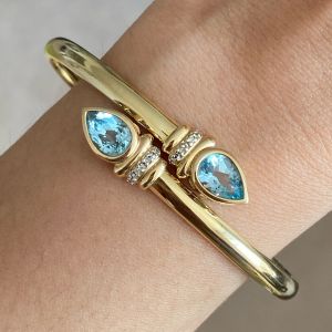 Bypass Pear & Round Cut Aquamarine & White Sapphire Bangle Bracelet
