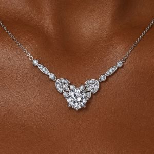 Floral Design Round Cut White Sapphire Pendant Necklace