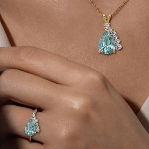 Golden Pear & Round Cut Aquamarine & White Sapphire Engagement Ring & Pendant Necklace Set