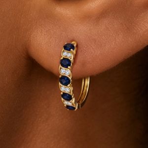 Golden Twist Oval & Round Cut Blue & White Sapphire Hoop Earrings