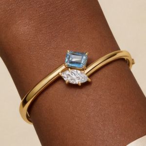 Two Stone Bypass Emerald & Marquise Cut Aquamarine & White Sapphire Bangle Bracelet