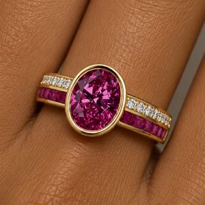Golden Bezel Oval & Round & Princess Cut Ruby & White Sapphire Engagement Ring
