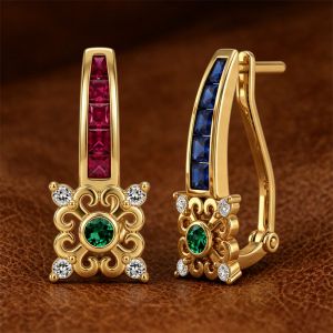 Golden Round & Baguette Cut Ruby & Blue & Emerald Sapphire Drop Earrings