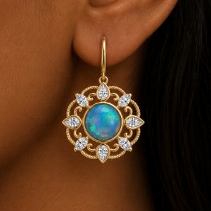 Golden Halo Round & Pear & Oval Cut Opal & White Sapphire Drop Earrings