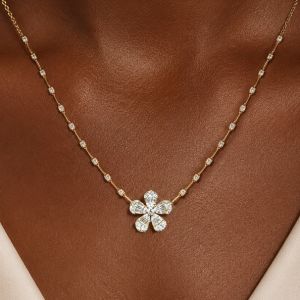 Golden Flower Round & Baguette Cut White Sapphire Pendant Necklace