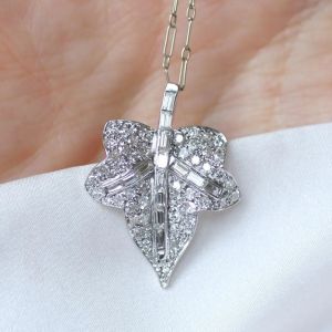 Maple Leaf Baguette & Round Cut White Sapphire Pendant Necklace