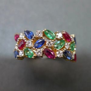 Golden Marquise & Round Cut Blue & Ruby & Emerald Sapphire Half Eternity Wedding Band