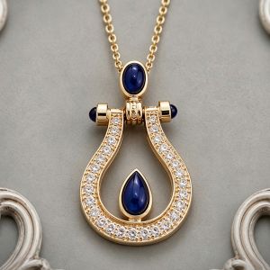 Golden Cabochon Pear & Oval & Round Cut Blue & White Sapphire Pendant Necklace