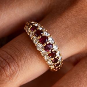 Golden Triple Row Round Cut Ruby & White Sapphire Half Eternity Wedding Band