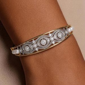 Two Tone Round Cut White & Pearl Sapphire Bangle Bracelet