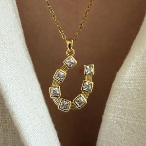 Golden Horseshoe Princess Cut White Sapphire Pendant Necklace