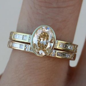 Golden Bezel Oval & Princess & Baguette Cut Yellow & White Sapphire Engagement Ring Sets