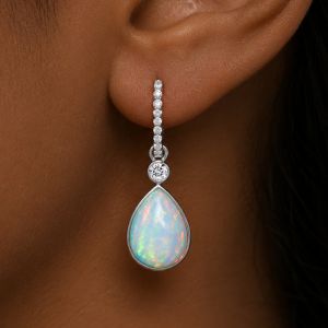 Bezel Pear & Round Cut Opal & White Sapphire Drop Earrings