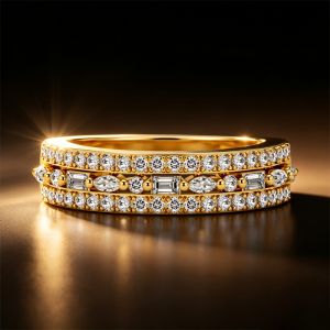 Triple Row Baguette & Round & Marquise Cut White Sapphire Half Eternity Wedding Band Ring