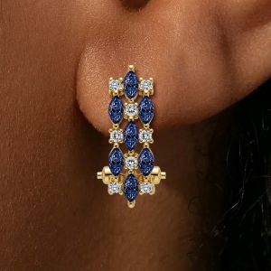 Golden Marquise & Round Cut Blue & White Sapphire Hoop Earrings