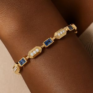 Golden Alternating Baguette & Round Cut Blue & White Sapphire Tennis Bracelet
