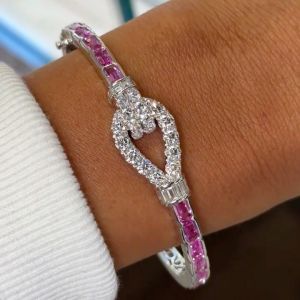Buckle Design Round & Emerald & Baguette Cut White & Pink Sapphire Bangle Bracelet