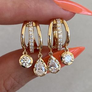 Golden Pear & Round Cut White Sapphire Double Drop Earrings