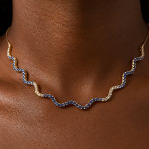 Golden Wave Design Round Cut Blue & White Sapphire Tennis Necklace