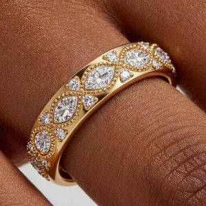 Golden Milgrain Marquise & Round Cut White Sapphire Half Eternity Wedding Band