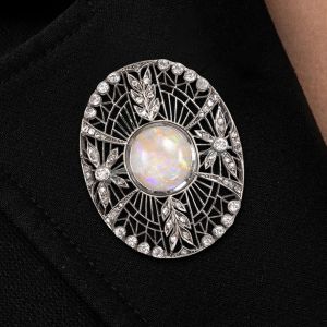 Openwork Round Cut Opal & White Sapphire Brooch Pin