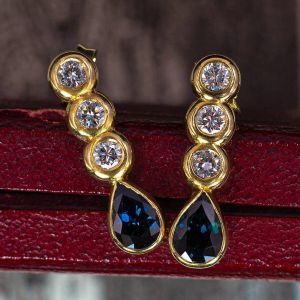 Golden Bezel Pear & Round Cut Blue & White Sapphire Drop Earrings