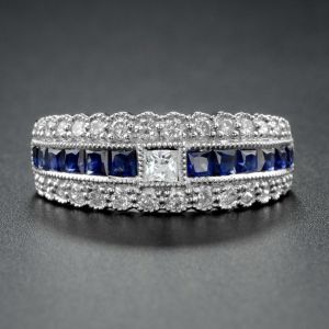 Triple Row Princess & Round Cut White & Blue Sapphire Half Eternity Wedding Band Ring
