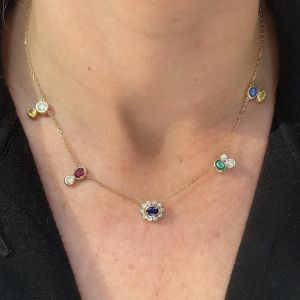 Golden Halo Oval & Round Cut Blue & Emerald & Ruby Sapphire Pendant Necklace
