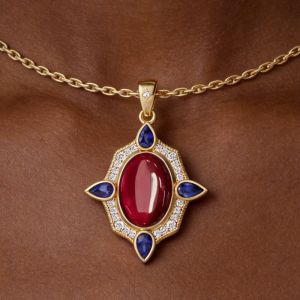 Golden Halo Cabochon Oval & Pear & Round Cut Ruby & Blue Sapphire Pendant Necklace