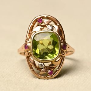 Rose Gold Bezel Cushion & Round Cut Peridot & Ruby & White Sapphire Engagement Ring
