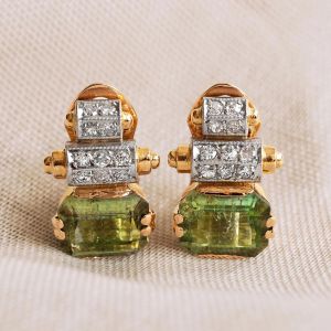 Two Tone Emerald & Round Cut Peridot & White Sapphire Drop Earrings