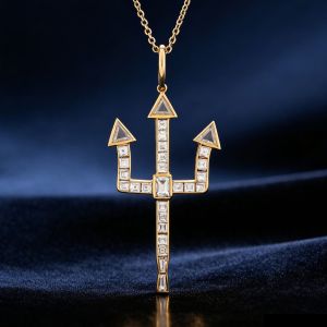 Golden Trident Baguette & Asscher & Triangle Cut White Sapphire Pendant Necklace
