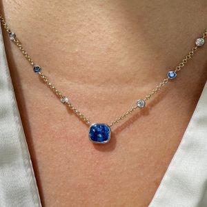Two Tone Bezel Cushion & Round Cut Blue & White Sapphire Pendant Necklace