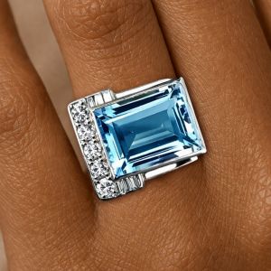 Bezel Setting Emerald & Round Cut Aquamarine & White Sapphire Engagement Ring
