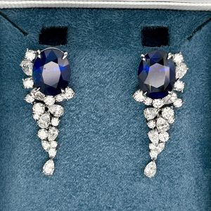 Cluster Oval & Pear & Round Cut Blue & White Sapphire Drop Earrings