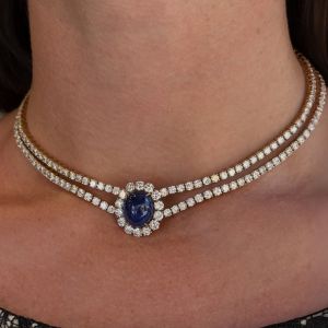 Double Row Halo Oval Cabochon & Round Cut Blue & White Pendant Necklace