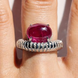 Hidden Halo Oval Cabochon & Round Cut Ruby & White Sapphire Engagement Ring