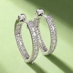 Triple Row Baguette & Round Cut White Sapphire Hoop Earrings