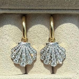 Two Tone Shell Design Round Cut White Sapphire Drop Earrings