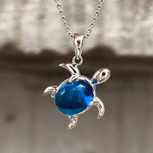 Sea Turtle Oval Cabochon Cut Blue Sapphire Pendant Necklace
