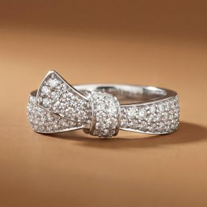 Bowknot Pave Setting Round Cut White Sapphire Half Eternity Wedding Band Ring