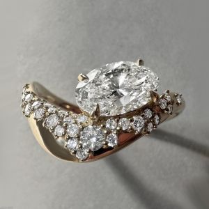 Golden Wavy Oval & Round Cut White Sapphire Engagement Ring