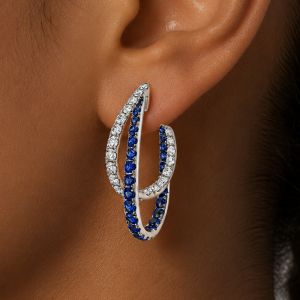  Intertwined Round Cut Blue & White Sapphire Hoop Earrings
