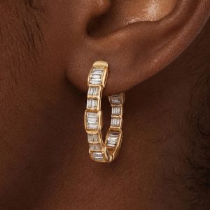 Golden Baguette Cut White Sapphire Hoop Earrings
