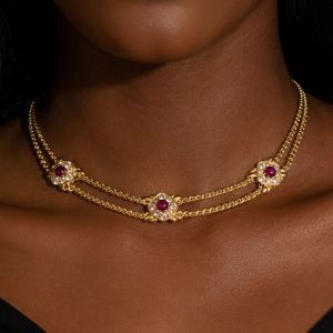 Double Chain Halo Round Cabochon Cut Ruby & White Sapphire Pendant Necklace