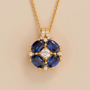 Golden Halo Round & Oval Cut White & Blue Sapphire Pendant Necklace