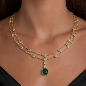 Golden Double Layer Asscher Cut Emerald & White Sapphire Pendant Necklace